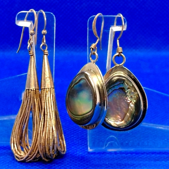 Jewelry - Silver Vintage Earring Lot- Vintage Native Liquid Silver Drop & Drop Abalone